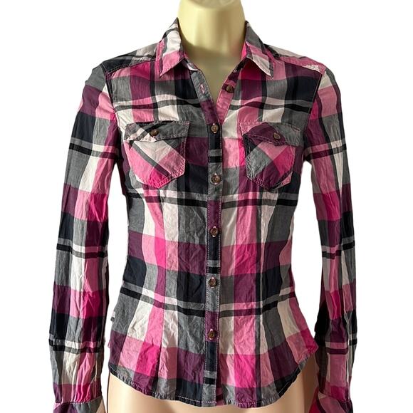 H&M Divided Size 2 Plaid Blouse Button Front Long Sleeve Slim Fit Collar Preppy - Picture 1 of 8